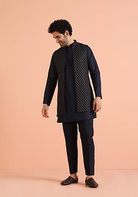Navy Blue Woven Design Silk Nehru Jacket Set For Men