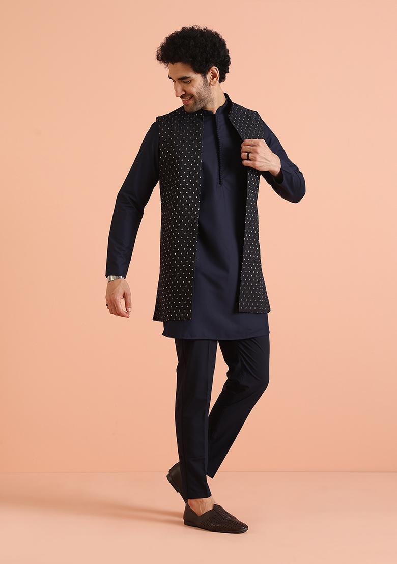 Navy Blue Woven Design Silk Nehru Jacket Set For Men