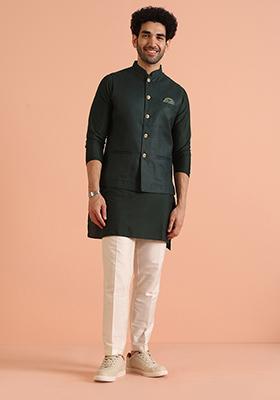 Green Solid Cotton Nehru Jacket Set For Men