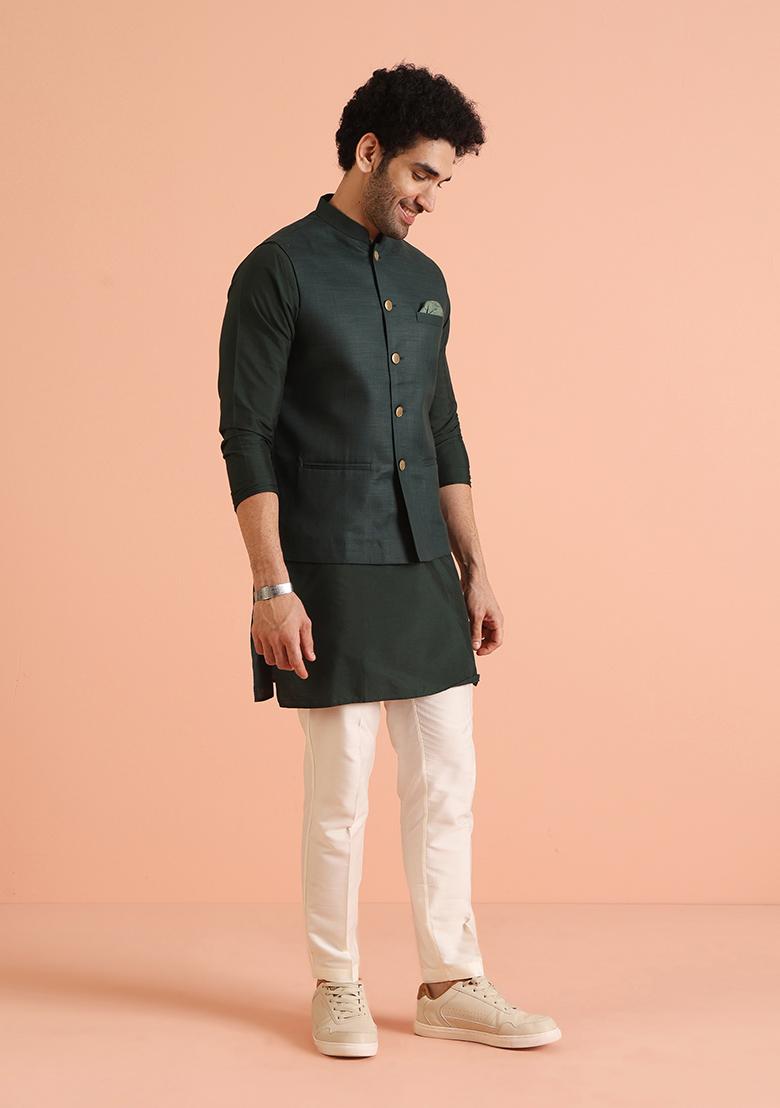 Green Solid Cotton Nehru Jacket Set For Men