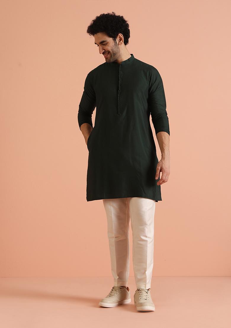 Green Solid Cotton Nehru Jacket Set For Men