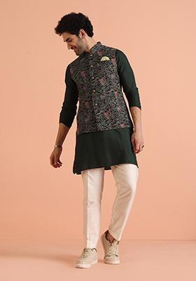 Multi Colour Printed Cotton Nehru Jacket Set For Men