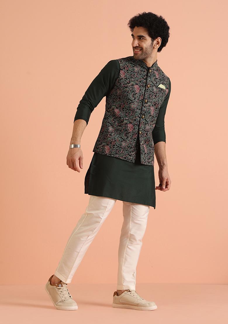 Multi Colour Printed Cotton Nehru Jacket Set For Men