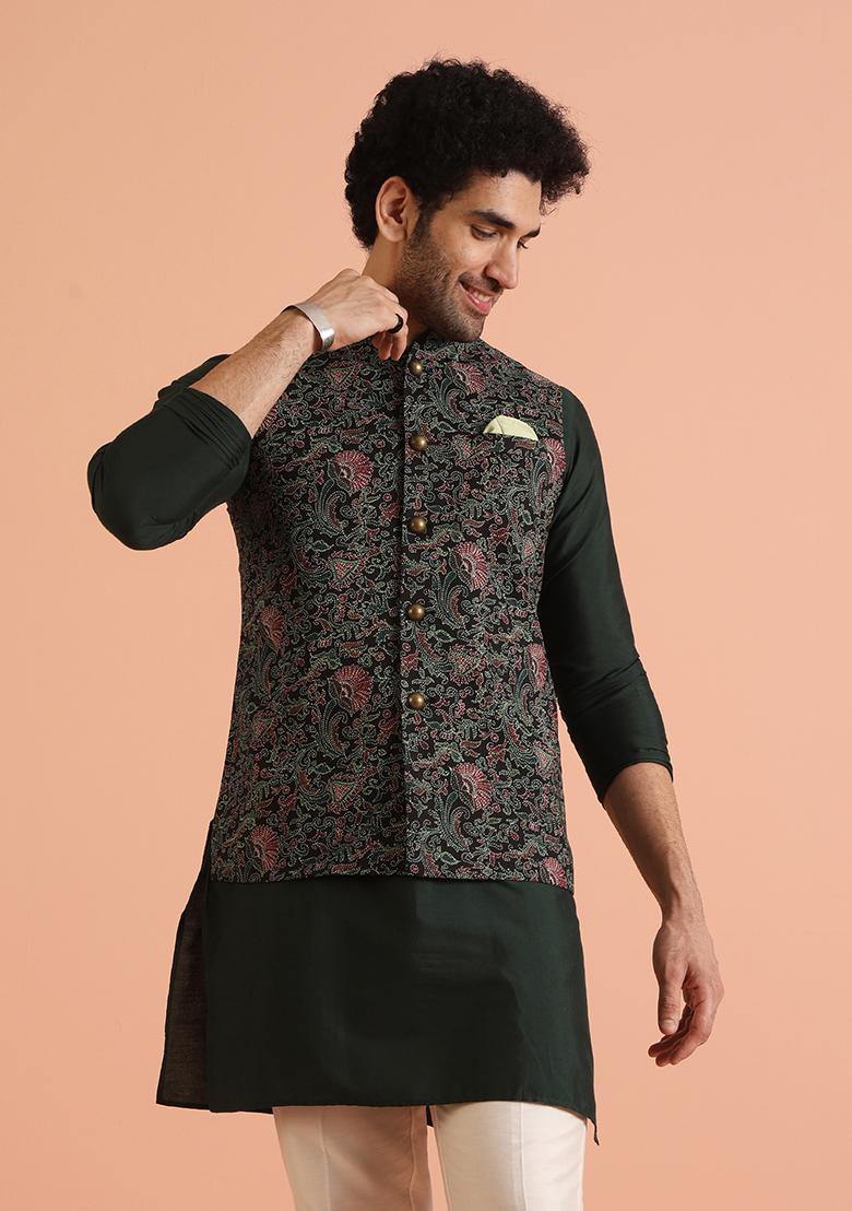 Multi Colour Printed Cotton Nehru Jacket Set For Men