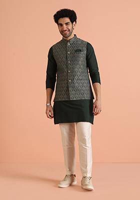 Green Woven Design Silk Nehru Jacket Set For Men