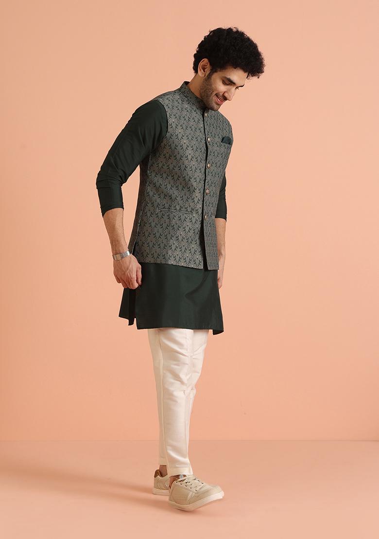 Green Woven Design Silk Nehru Jacket Set For Men