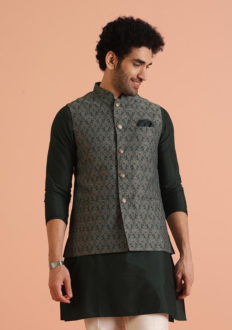 Green Woven Design Silk Nehru Jacket Set For Men