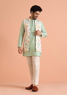Multi Colour Printed Cotton Nehru Jacket Set For Men