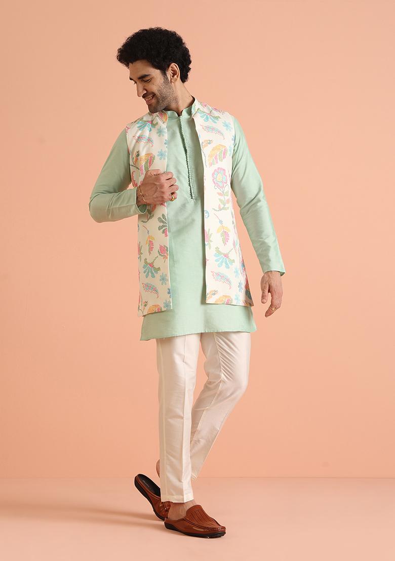 Multi Colour Printed Cotton Nehru Jacket Set For Men