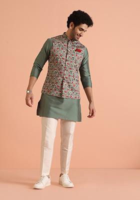 Green Printed Cotton Nehru Jacket Set For Men