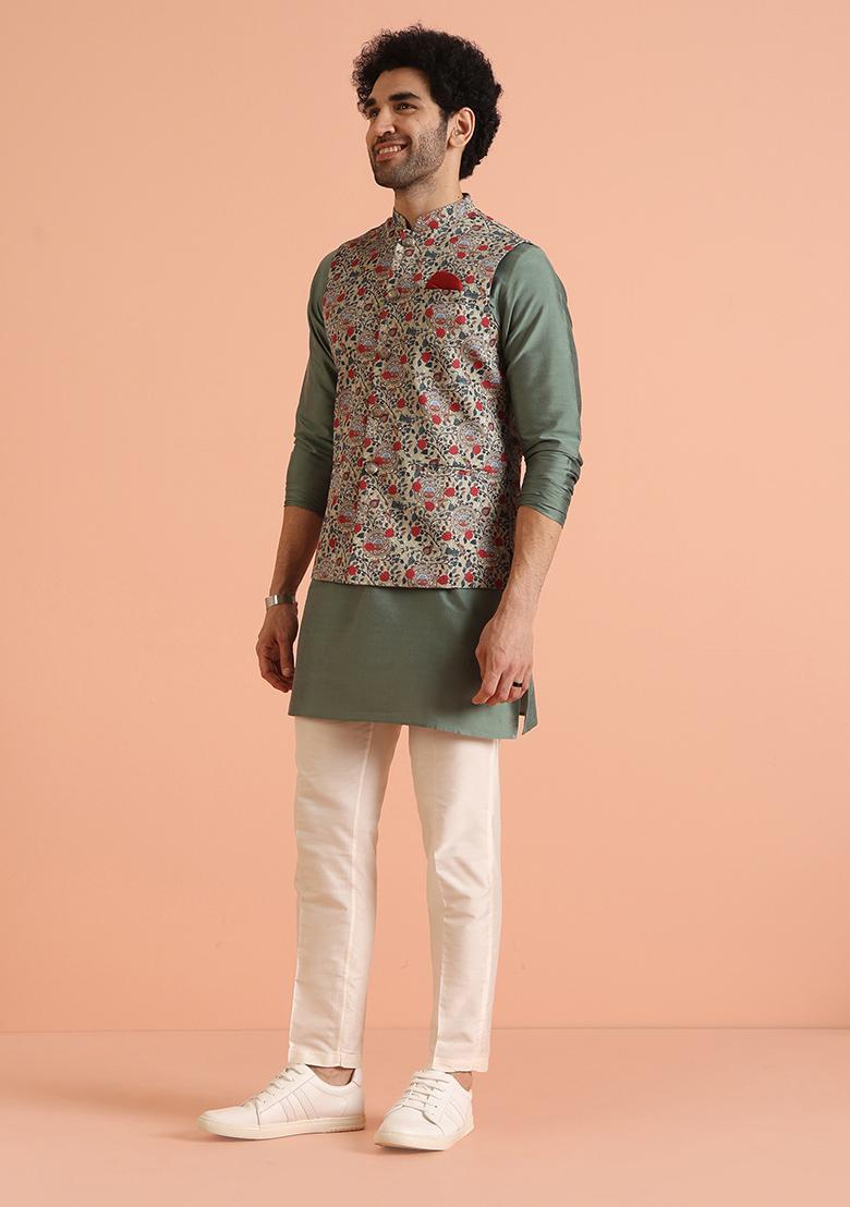 Green Printed Cotton Nehru Jacket Set For Men