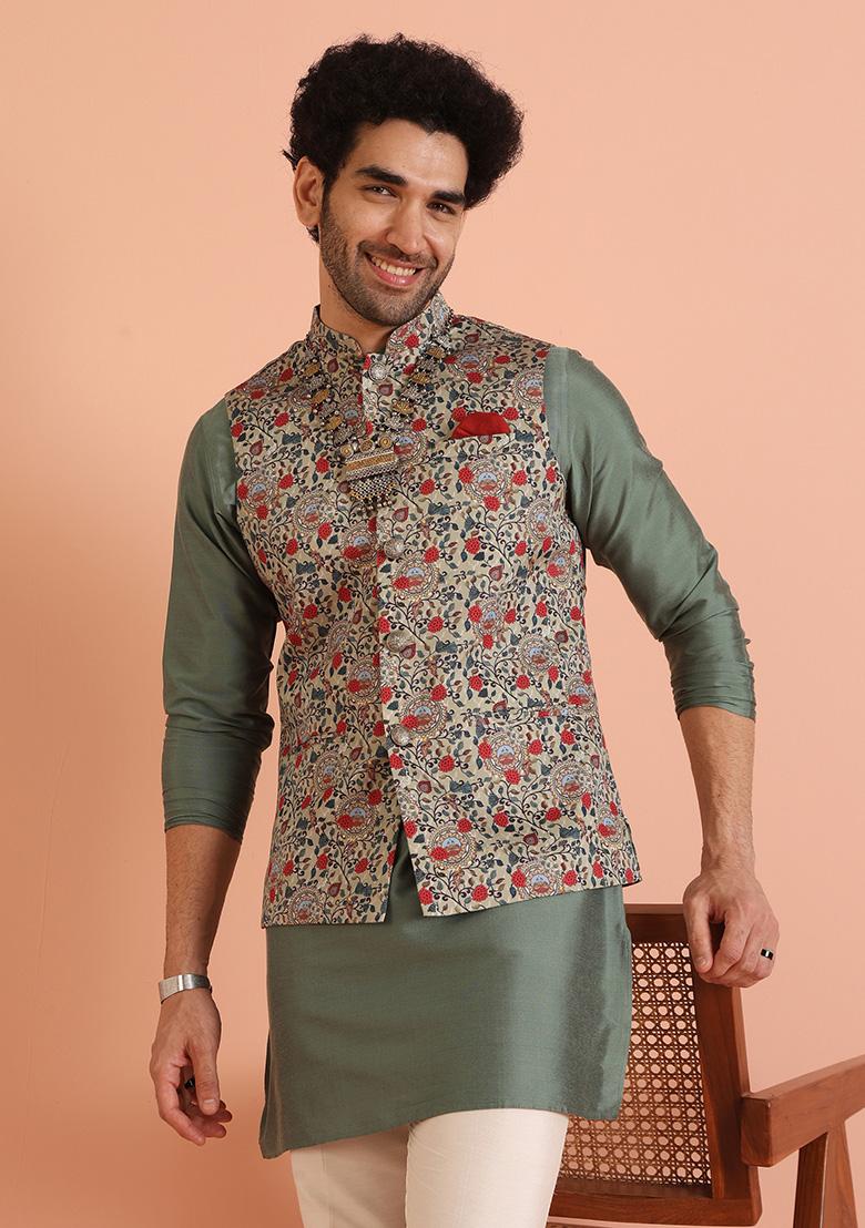 Green Printed Cotton Nehru Jacket Set For Men