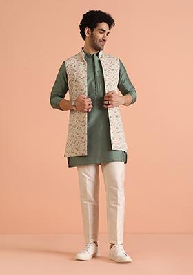 Multi Colour Printed Cotton Nehru Jacket Set For Men