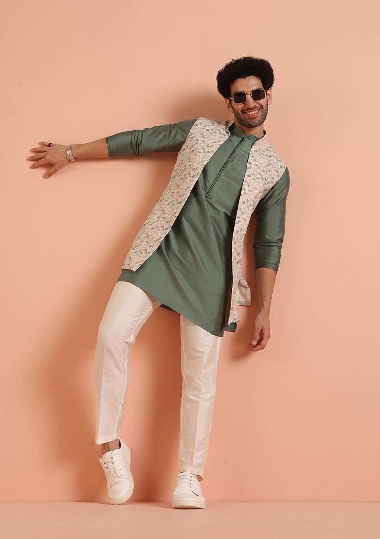 Multi Colour Printed Cotton Nehru Jacket Set For Men