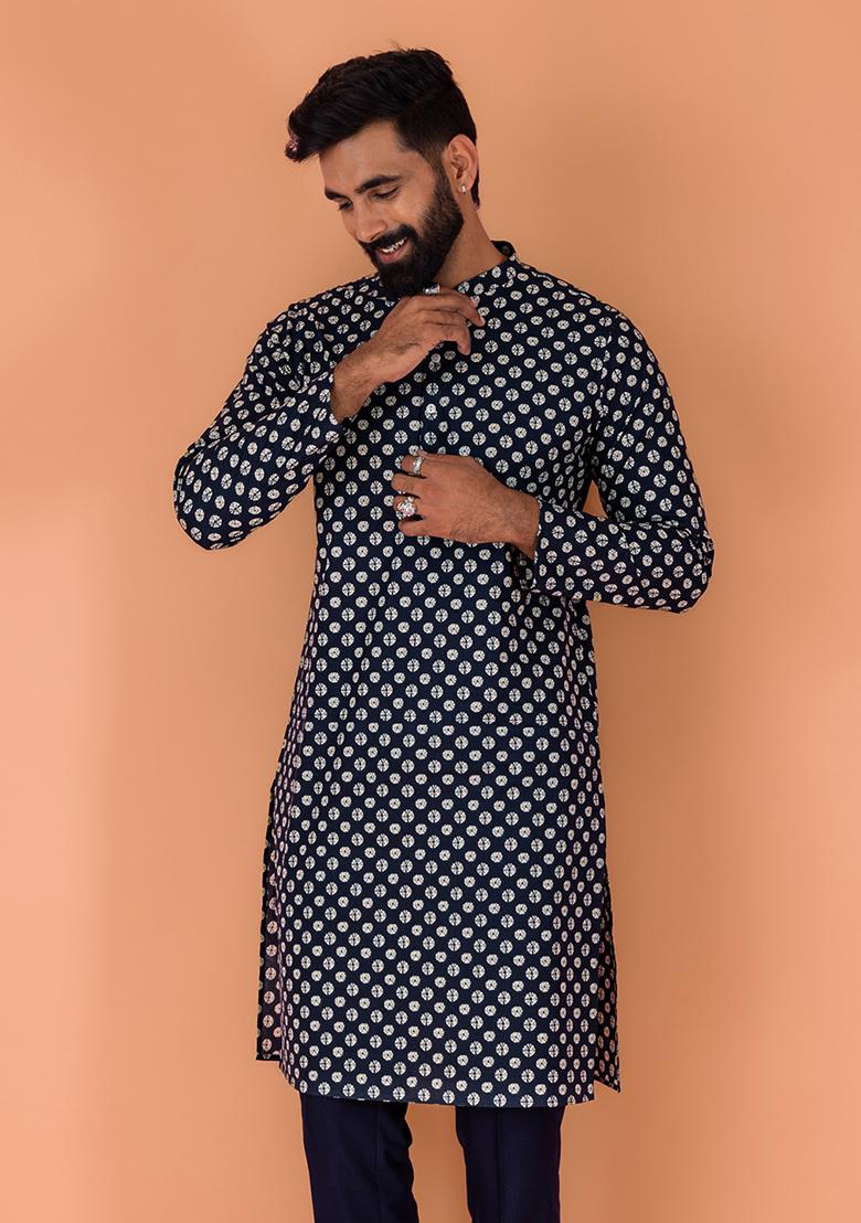 Navy Blue Printed Cotton Kurta For Men