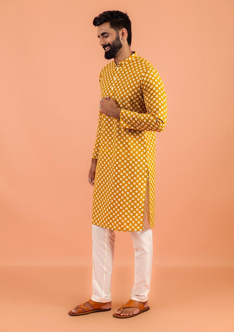 Mustard Yellow Printed Cotton Kurta For Men