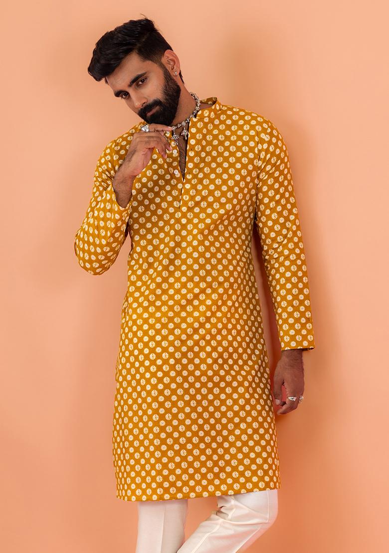 Mustard Yellow Printed Cotton Kurta For Men
