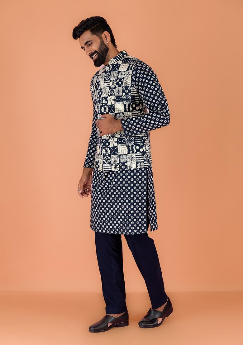 Navy Blue Printed Cotton Nehru Jacket For Men