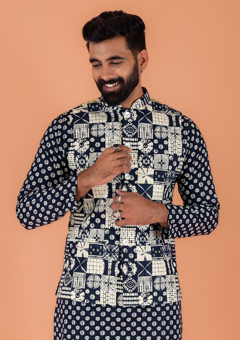 Navy Blue Printed Cotton Nehru Jacket For Men