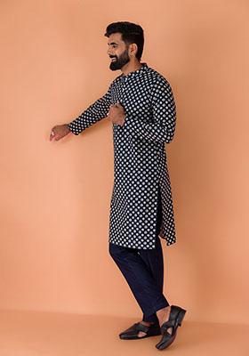 Navy Blue Printed Cotton Kurta Set For Men