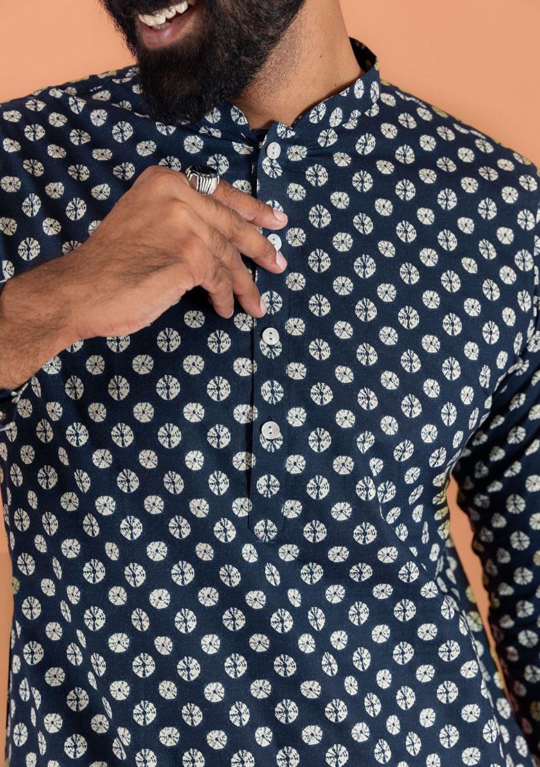 Navy Blue Printed Cotton Kurta Set For Men