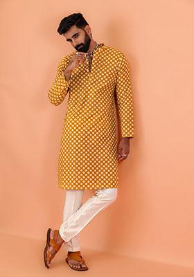 Mustard Yellow Printed Cotton Kurta Set For Men