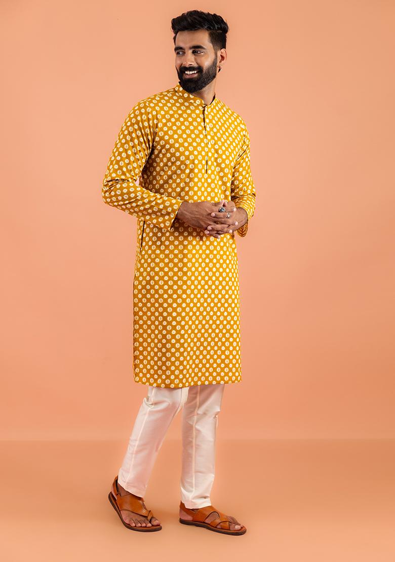 Mustard Yellow Printed Cotton Kurta Set For Men
