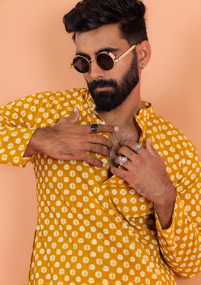 Mustard Yellow Printed Cotton Kurta Set For Men