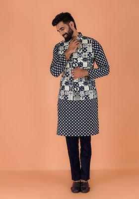 Navy Blue Printed Cotton Nehru Jacket Set For Men