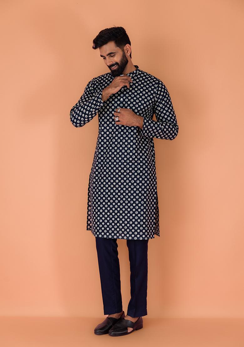 Navy Blue Printed Cotton Nehru Jacket Set For Men