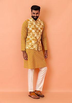 Mustard Yellow Printed Cotton Nehru Jacket Set For Men