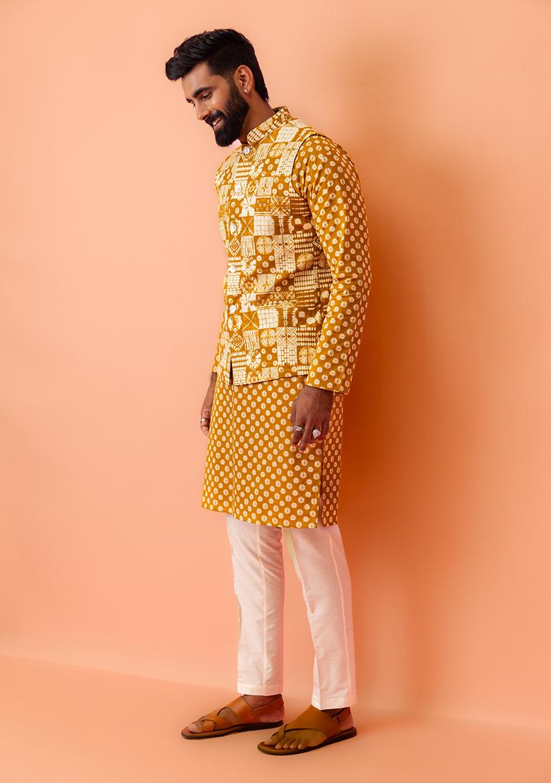 Mustard Yellow Printed Cotton Nehru Jacket Set For Men