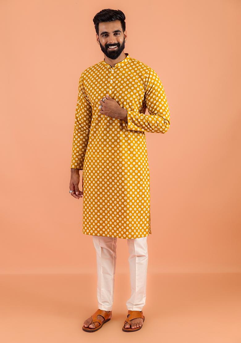 Mustard Yellow Printed Cotton Nehru Jacket Set For Men