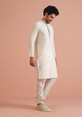 Off White Solid Cotton Kurta Set For Men
