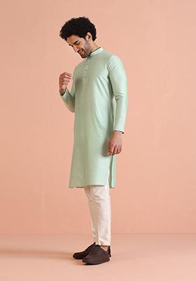 Green Solid Silk Kurta Set For Men