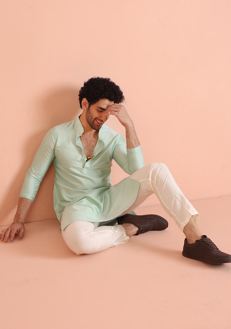 Green Solid Silk Kurta Set For Men