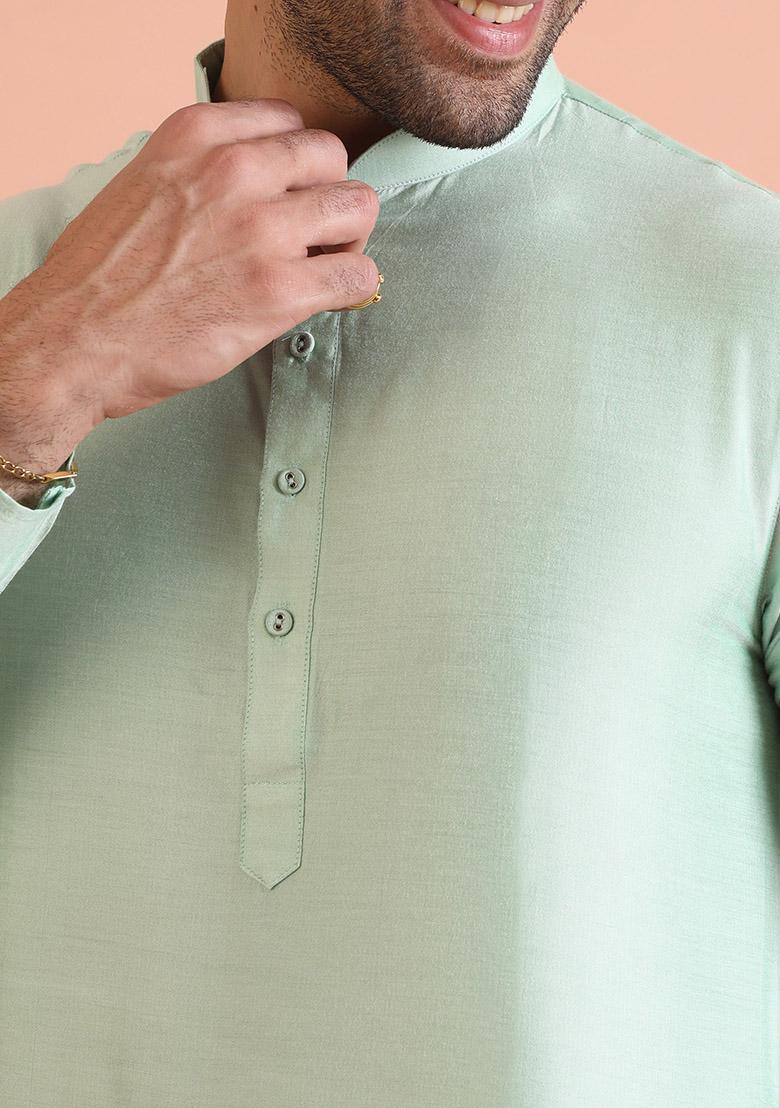 Green Solid Silk Kurta Set For Men