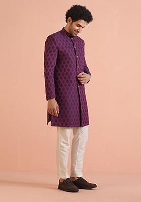 Magenta Embroidered Silk Indo Western Sherwani Set For Men