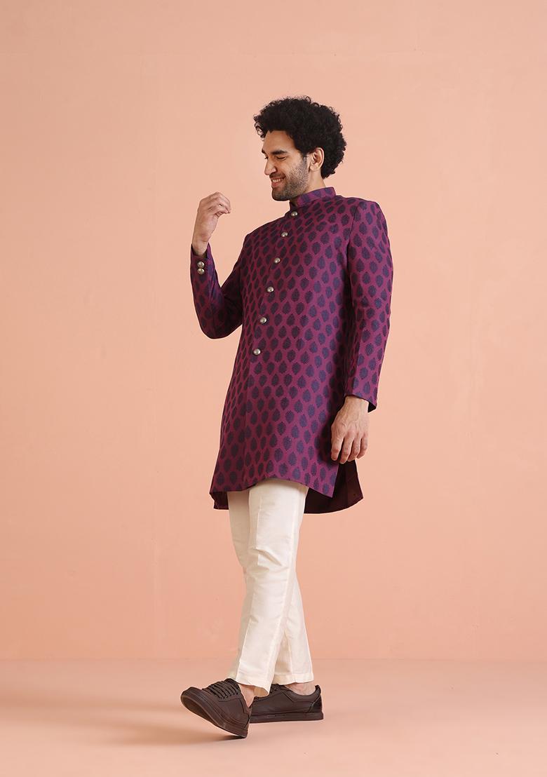 Magenta Embroidered Silk Indo Western Sherwani Set For Men