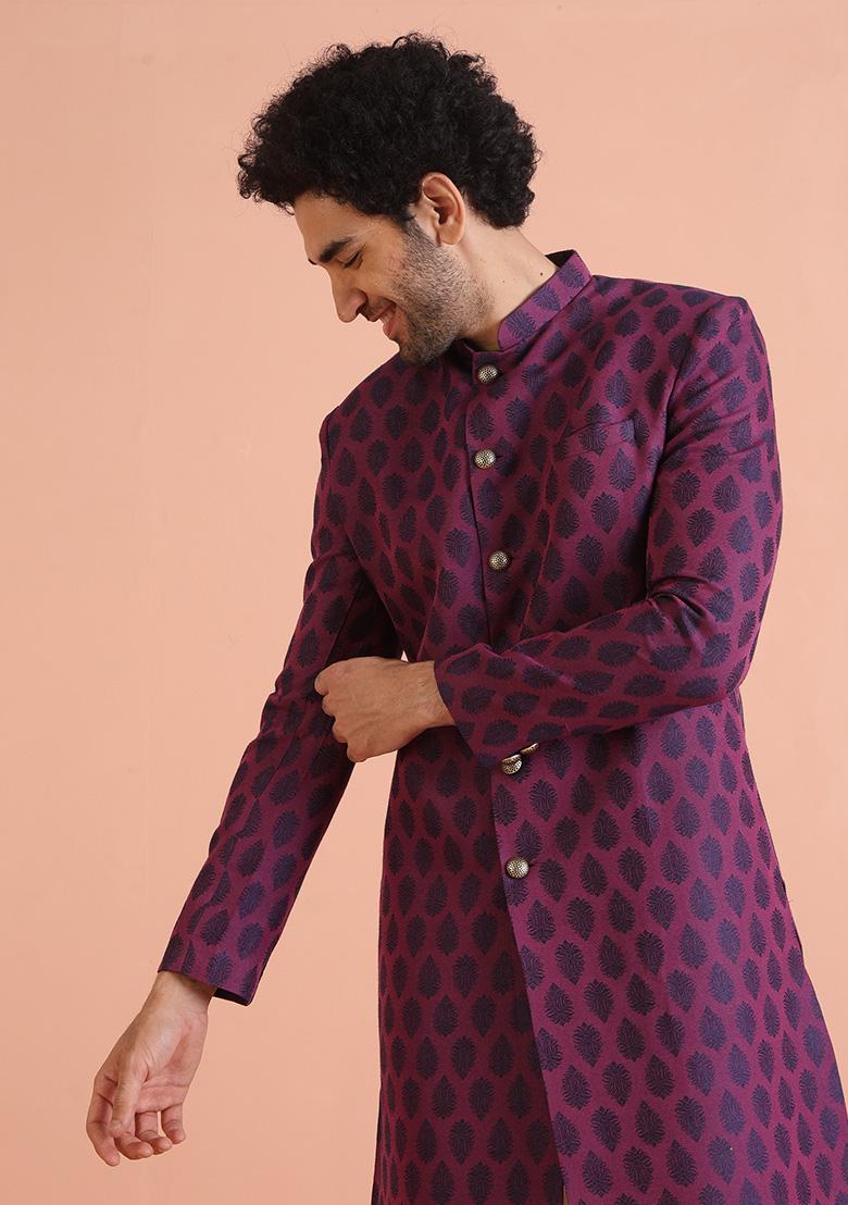 Magenta Embroidered Silk Indo Western Sherwani Set For Men