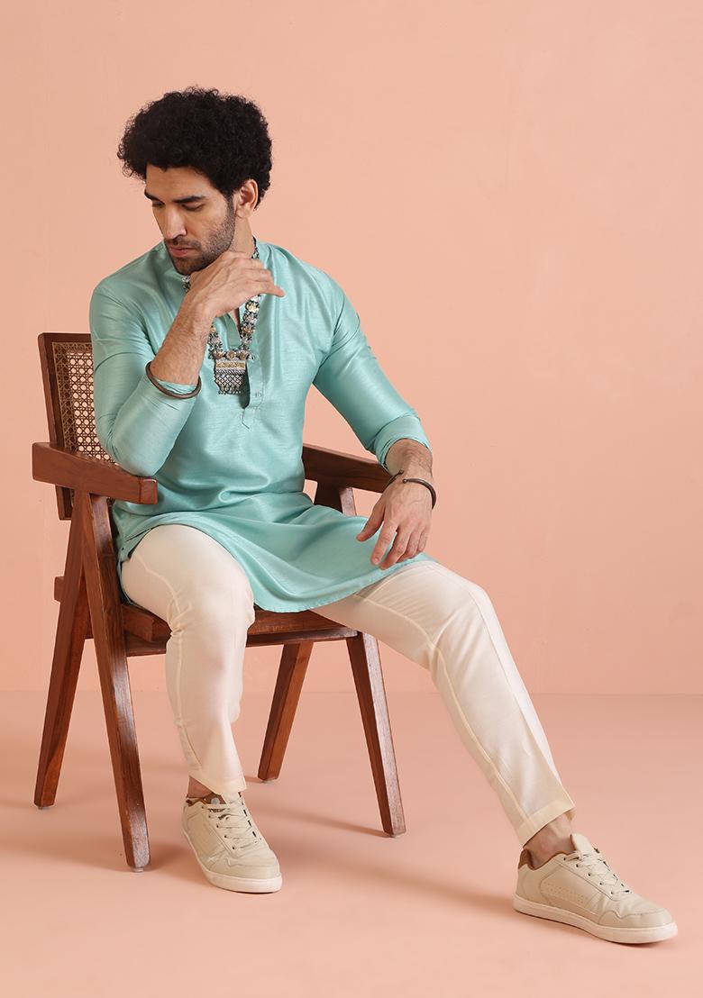 Green Solid Cotton Kurta Set For Men