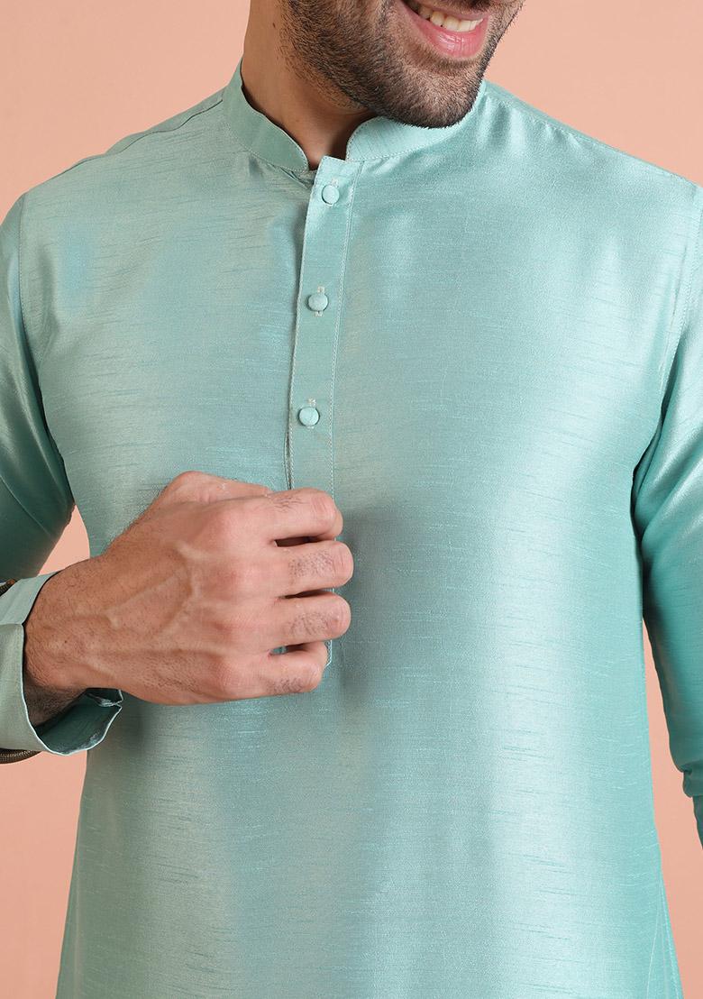 Green Solid Cotton Kurta Set For Men