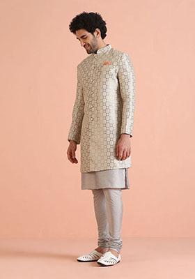 Grey Embroidered Silk Indo Western Sherwani Set For Men