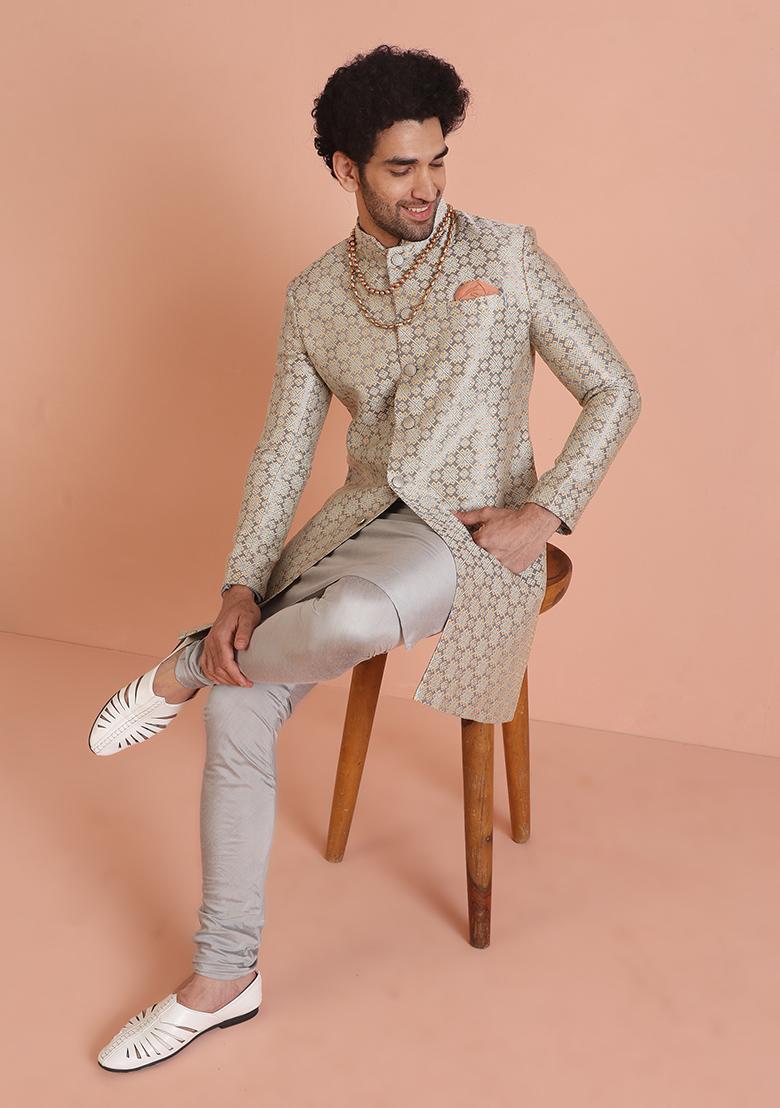 Grey Embroidered Silk Indo Western Sherwani Set For Men