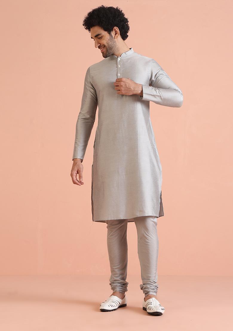 Grey Embroidered Silk Indo Western Sherwani Set For Men