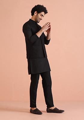 Black Embroidered Cotton Nehru Jacket Set For Men