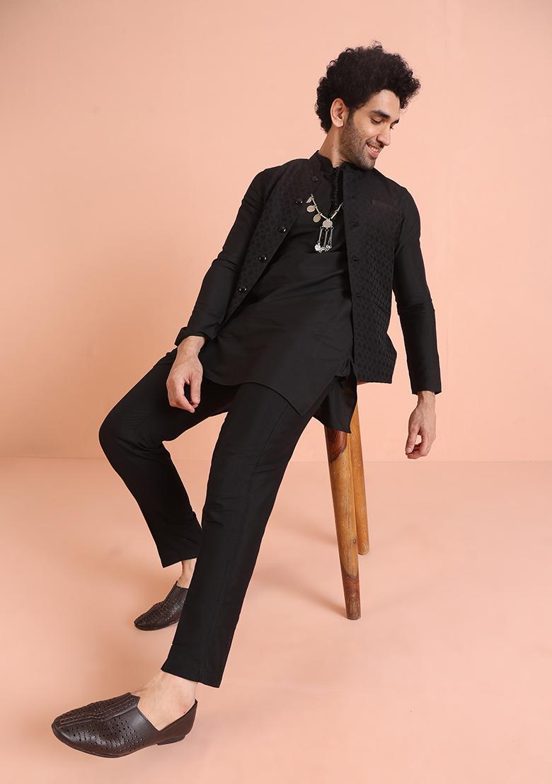 Black Embroidered Cotton Nehru Jacket Set For Men