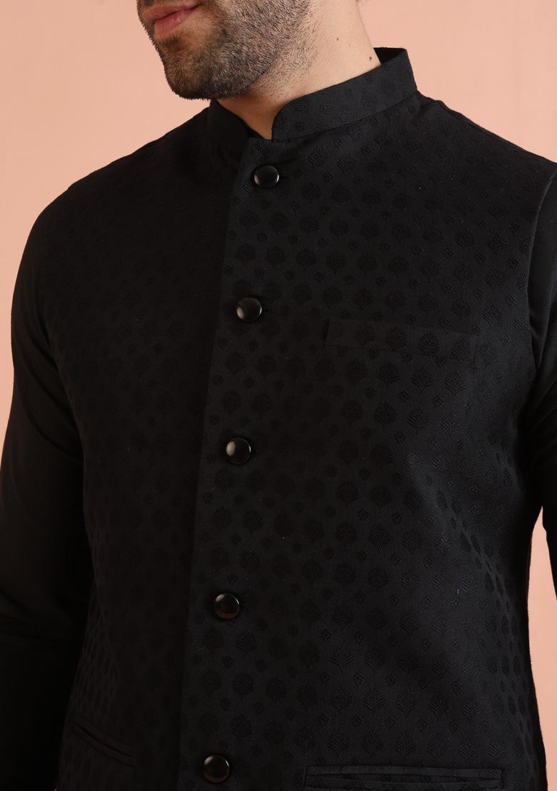 Black Embroidered Cotton Nehru Jacket Set For Men