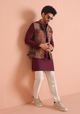 Multi Colour Printed Silk Nehru Jacket Set For Men