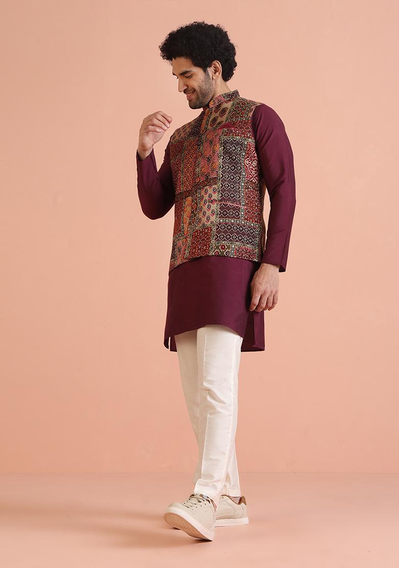 Multi Colour Printed Silk Nehru Jacket Set For Men